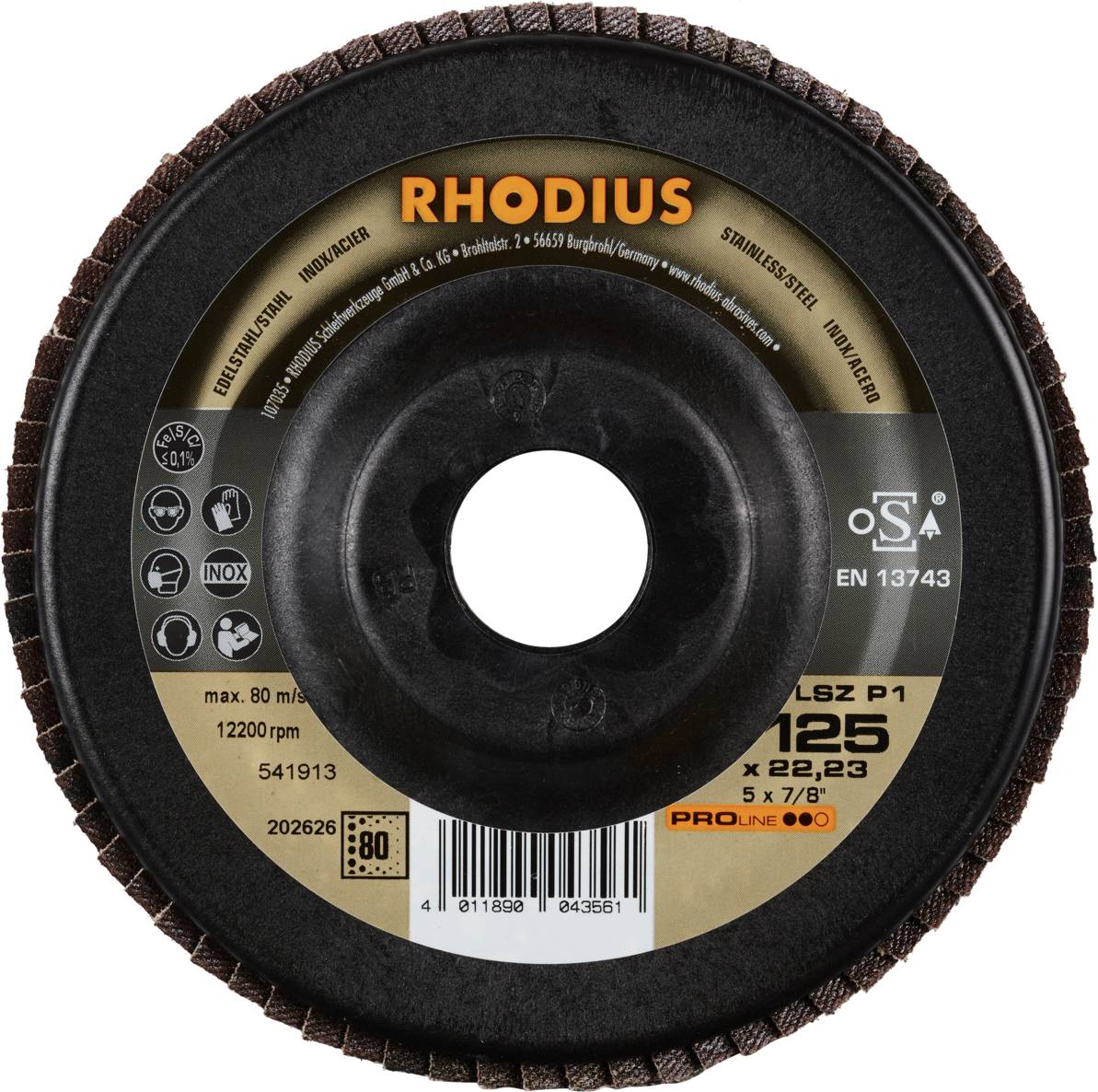 'RHODIUS Doorslijpschijf', max. 80 m/s, 12200 t/min, 125 x 22,23 mm. Geschikt voor roestvrij staal. Certificeringen en veiligheidspictogrammen zichtbaar.