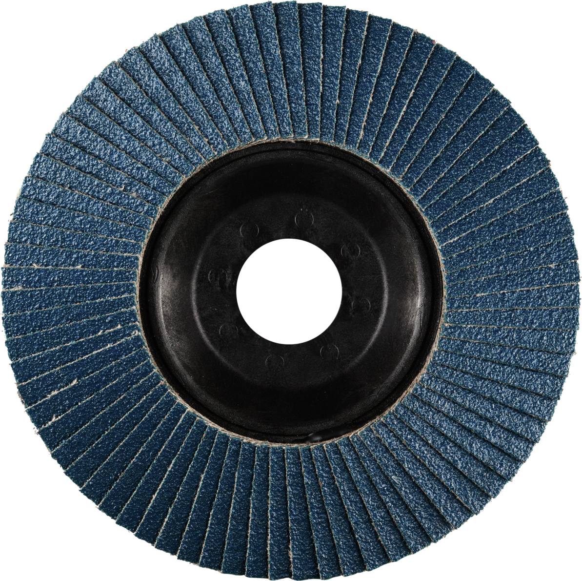 Slijpschijf met blauwe lamellen, gecentreerd rond een zwart gat. Gebruikt voor metaalbewerking of slijpen.