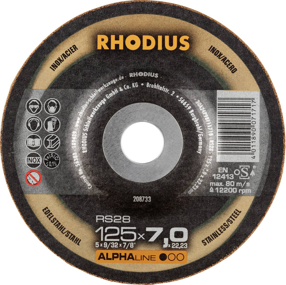 'RHODIUS' slijpschijf met 125 mm diameter, geschikt voor roestvrij staal. Opschrift: 80 m/s, max. 12200 tpm, EN 12413.