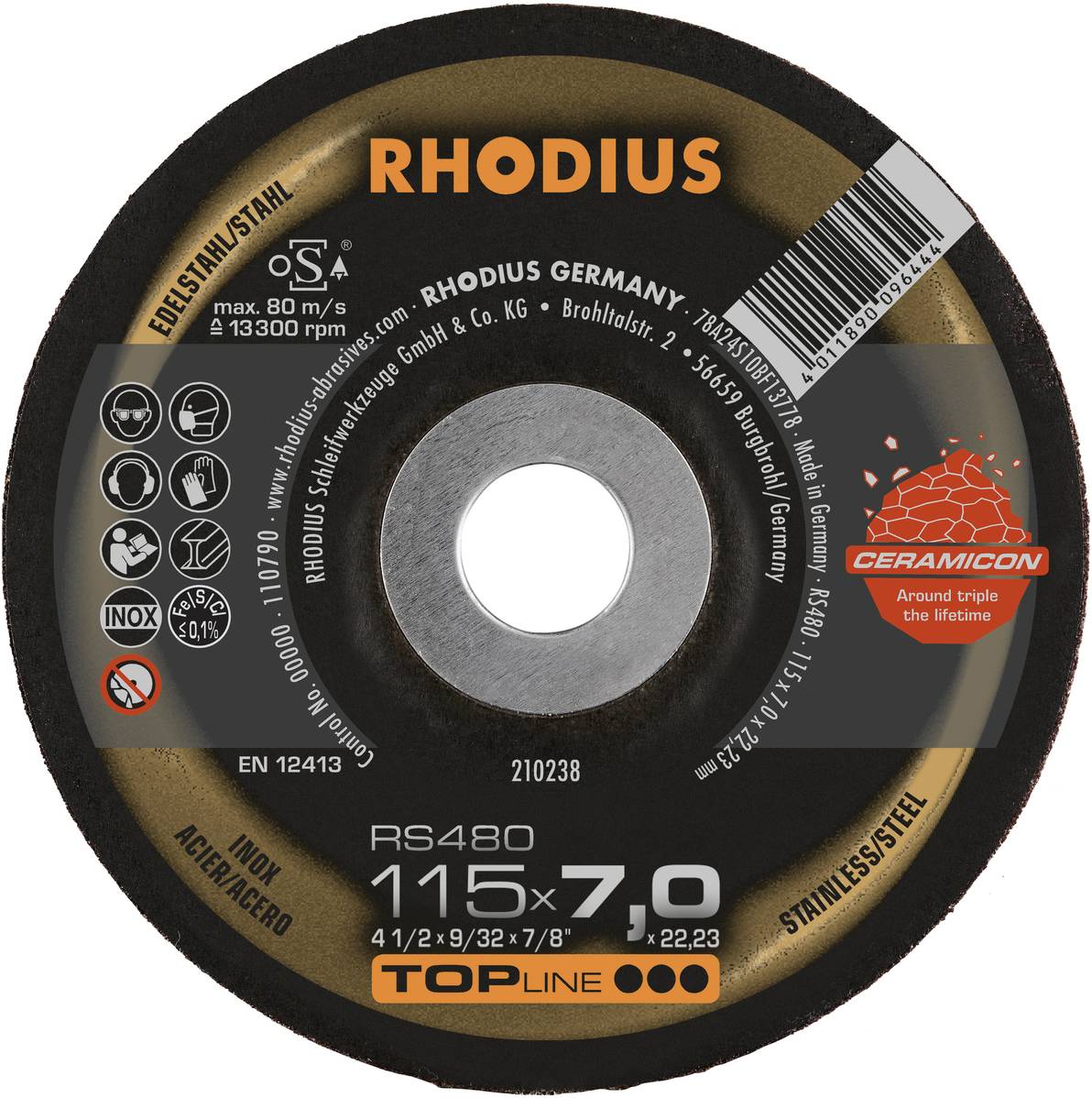 'RHODIUS Topline RS480' slijpschijf voor metaalbewerking, 115x7,0 mm, geschikt voor roestvrij staal, maximale snelheid 80 m/s, gecertificeerd conform EN 12413.
