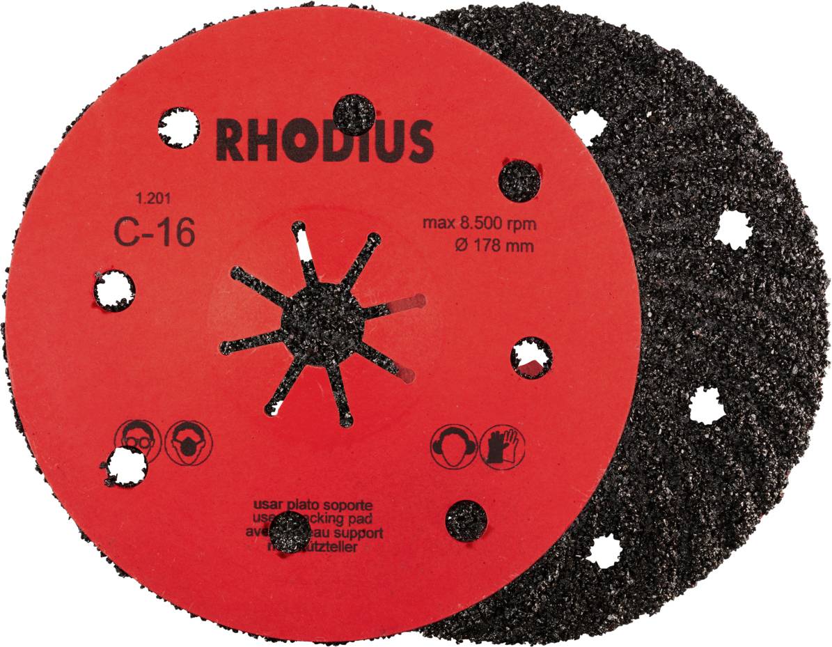 Slijpschijf met rode opdruk 'RHODIUS C-16'. Opdruk toont max. 8.500 rpm, ø 178 mm. Symbolen voor beschermingsmaatregelen.