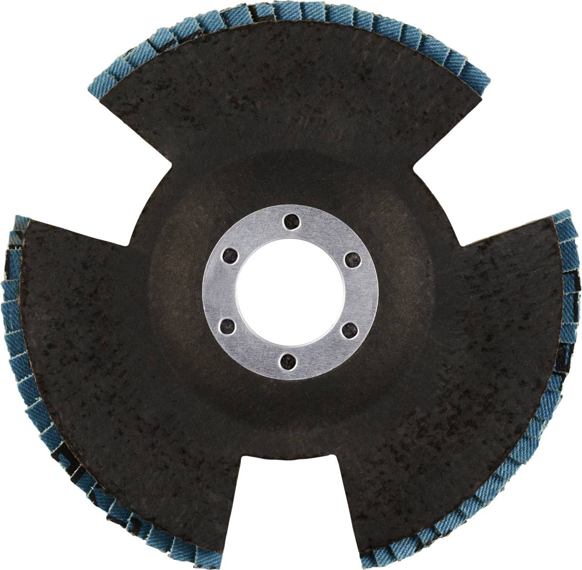 Rond slijpgereedschap met vier symmetrische inkepingen en blauwe randen, voornamelijk zwart met een centraal metalen gat.
