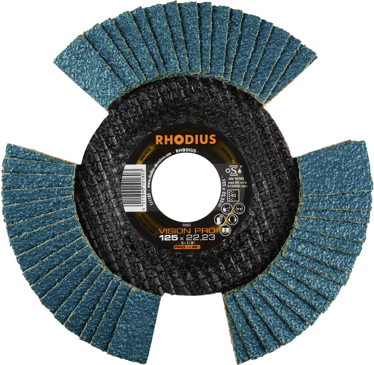 Rhodius Vision Pro slijpschijf met gesegmenteerd ontwerp, blauw-zwart, diameter 125 mm, voor efficiënte slijpwerkzaamheden.