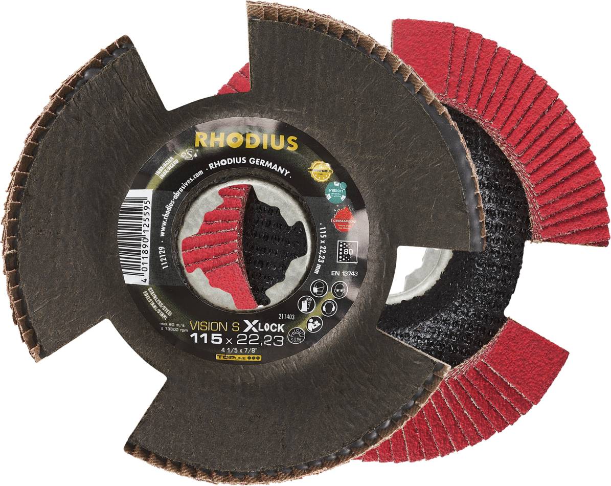 'RHODIUS Vision S X-LOCK' doorslijpschijf, rood en zwart, met geopende afdekking. Geschikt voor het doorslijpen van metaal, 115 x 22,23 mm.