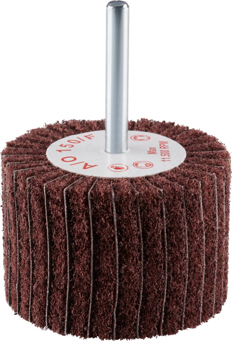 Slijpmop met ronde schacht, roestbruine slijpvlieslagen; geschikt voor het polijsten of slijpen van metaaloppervlakken.