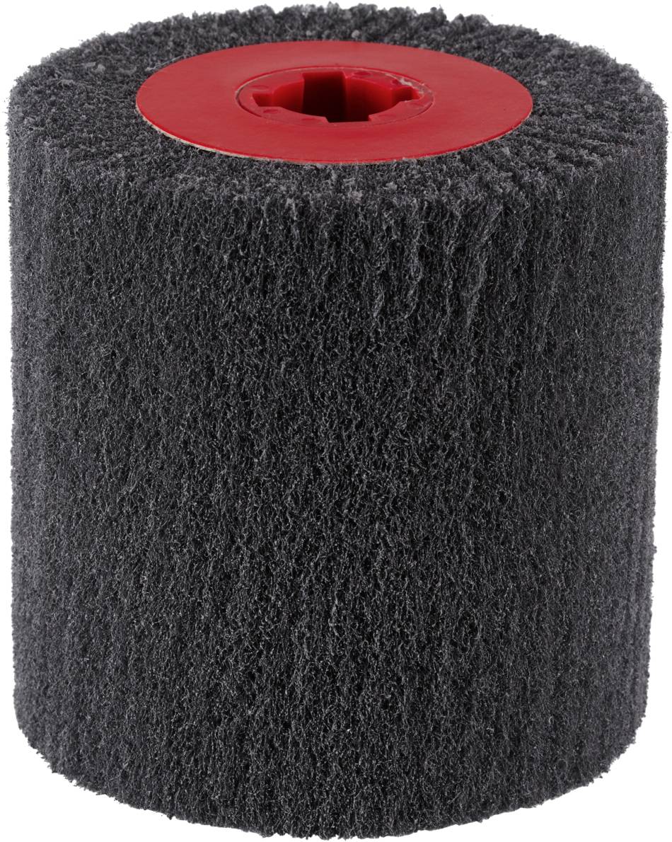 Een ruwe slijprol met een grijze buitenoppervlakte en een rode binnenkern, geschikt voor het verwijderen van materiaal en oppervlaktevoorbereiding.