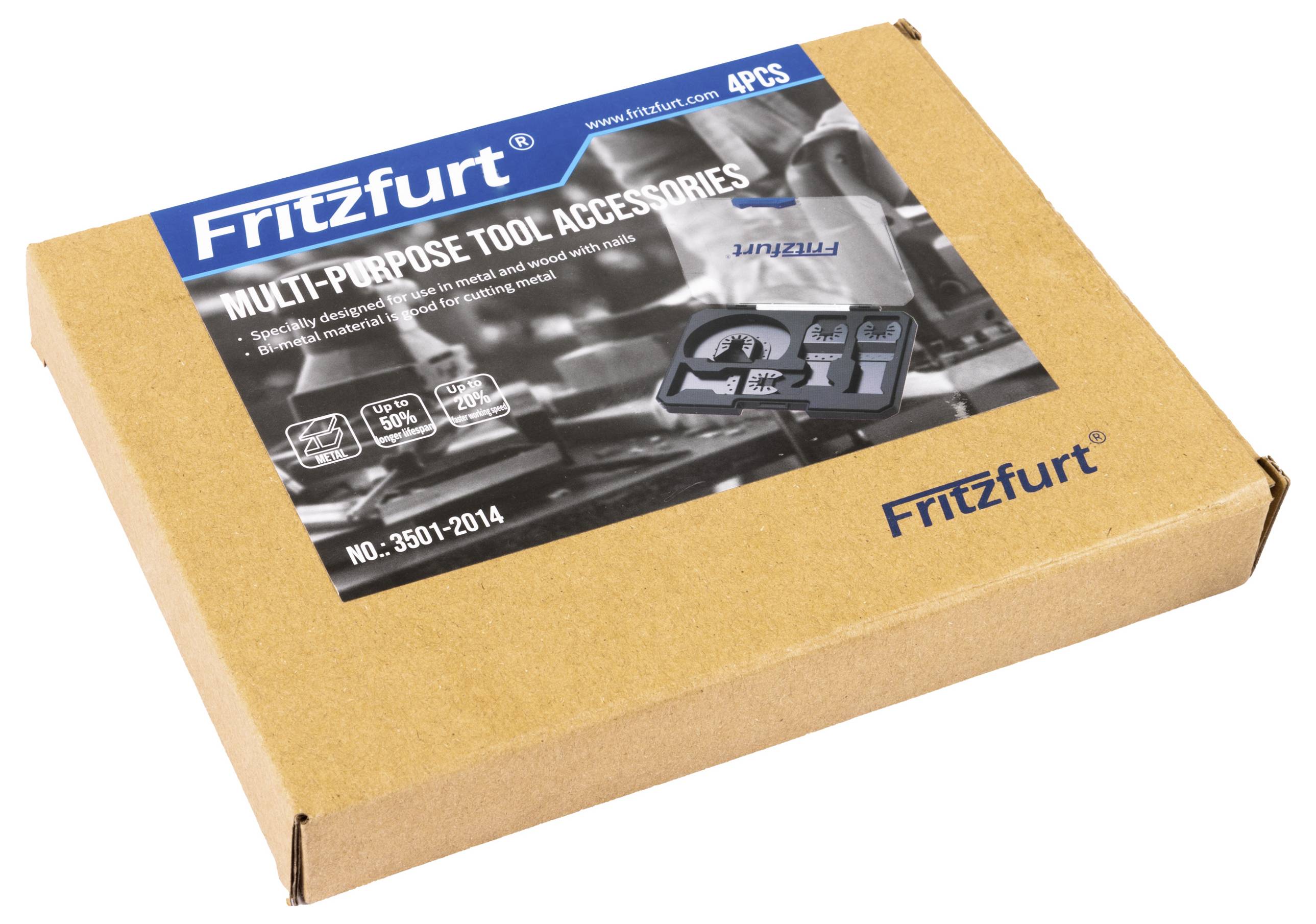 Verpakking van Fritzfurt multifunctionele gereedschapsaccessoires, bevat vier stuks. Doos is verzegeld en heeft productinformatie zichtbaar op de bovenkant.