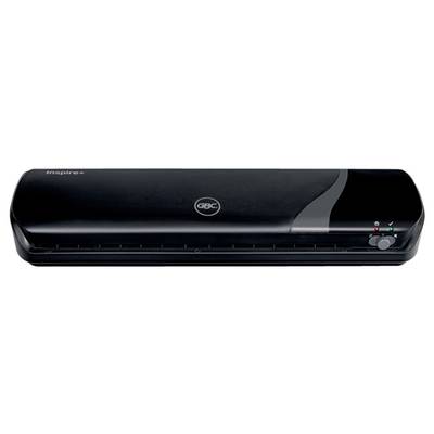 Zwart lamineerapparaat met afgeronde randen, een aan/uit-knop en LED-bedrijfsindicator aan de voorkant. Merk: GBC Inspire+