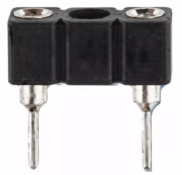 Een zwarte elektronische twee-pins connector met een rechthoekige kunststof behuizing en twee metalen contactpinnen.