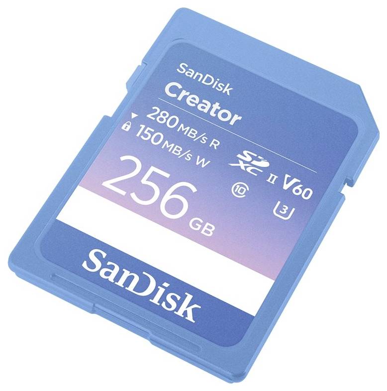 Blauwe SanDisk SD-kaart met 'Creator' opdruk, 256 GB opslagcapaciteit, leessnelheid 280 MB/s, schrijfsnelheid 150 MB/s.