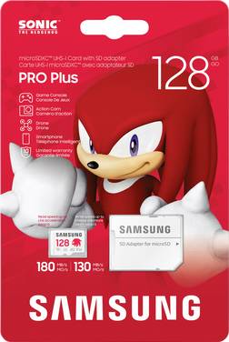 Samsung Sonic Edition - "Knuckles" microSDXC-kaart Retail 128 GB A2 Application Performance Class, v30 Video Speed Class, UHS-I U3 Speciale editie “Sonic The Hedgehog”, Watervast, Temperatuurbestendig, Röntgenbestendig, Met magnetische bescherming, Valbescherming, Slijtagebestendig, Incl. SD-adapter