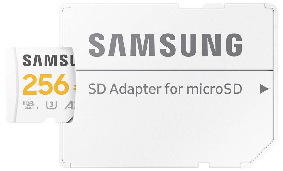 'Samsung 256GB microSD-kaart met SD-adapter; geschikt voor hoge gegevensoverdrachtsnelheid, klasse 10, U3, A1, V30.'