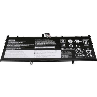 Lenovo laptopbatterij met veiligheids- en verwijderingsaanwijzingen. Zwarte behuizing met witte tekst en symbolen.