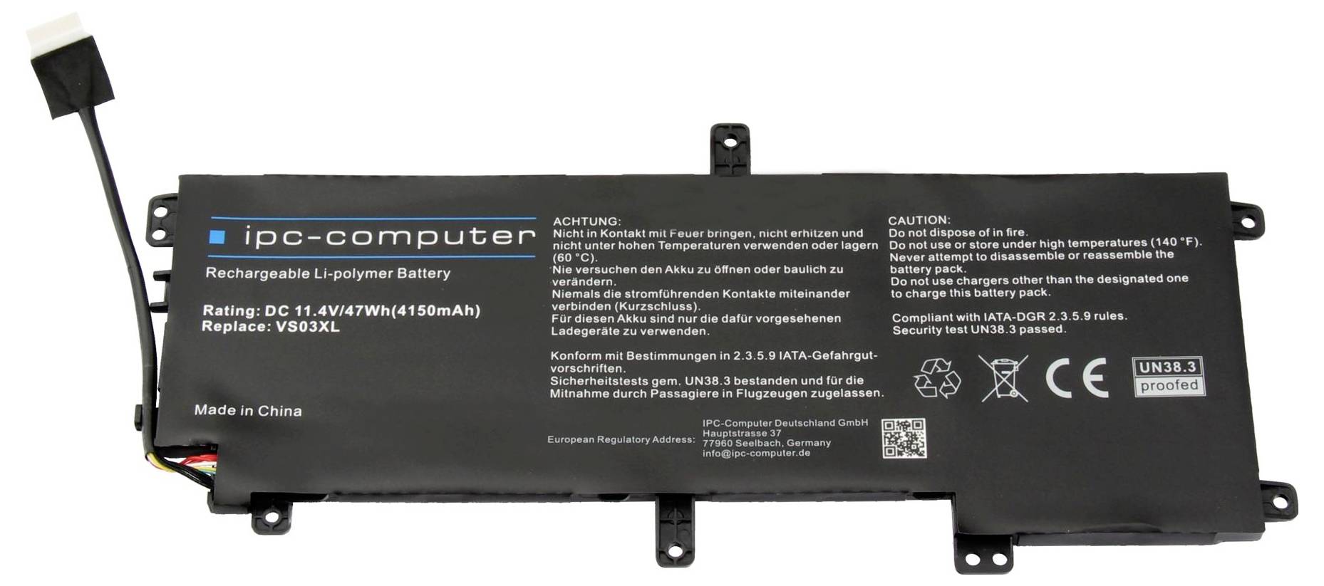 Laptop-accu 'ipc-computer', Li-polymeer, 11,4V, 41Wh, vervangt HS03XL. Zwart behuizing met veiligheidsinstructies en technische specificaties.
