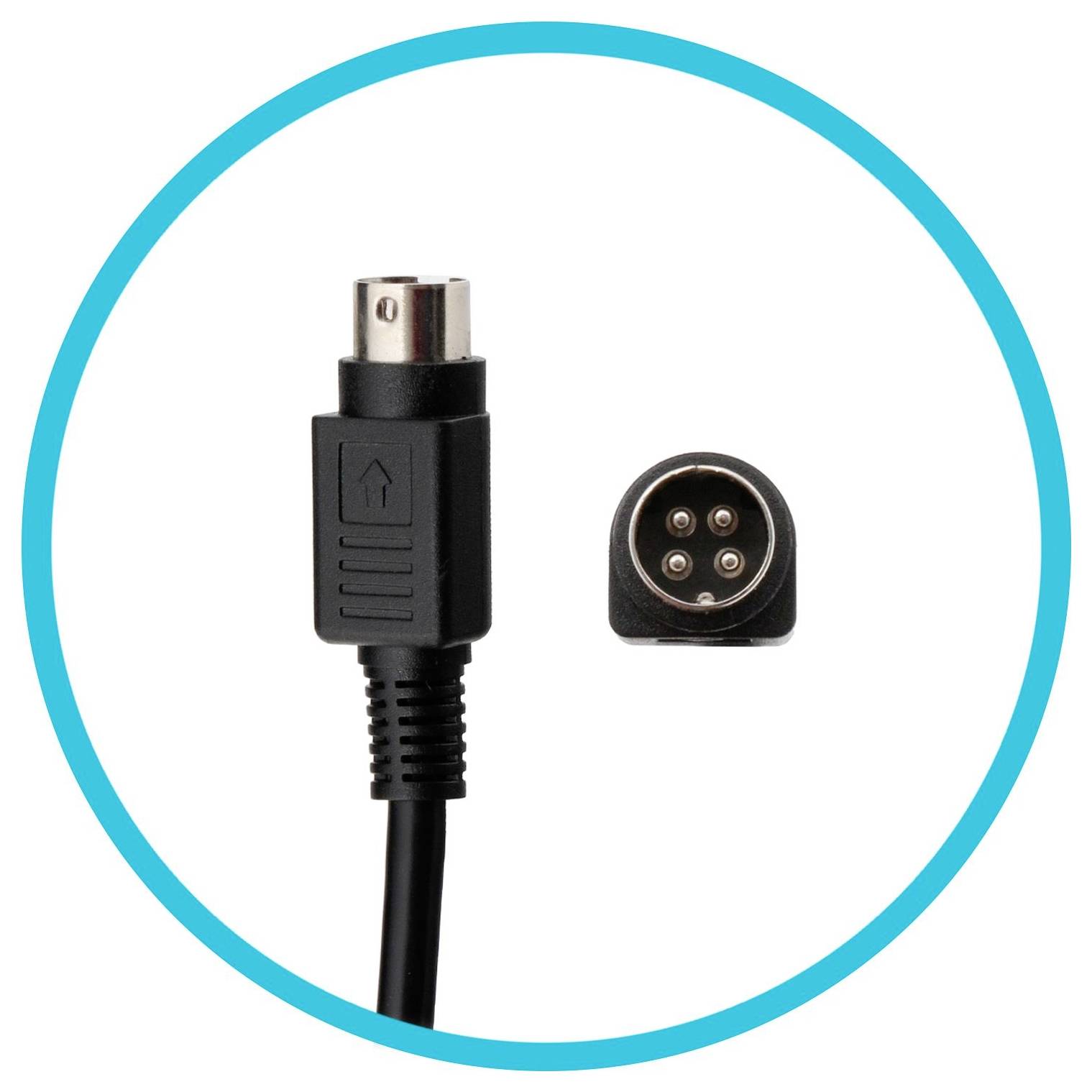 Zwarte gehoekte 4-polige Mini-DIN-stekker en -aansluiting, gebruikt voor elektronische verbindingen.