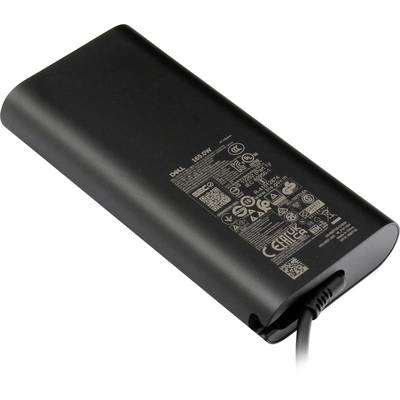 Zwart laptoplader met technische specificaties en symbolen op de bovenkant, verbonden door een kabel.