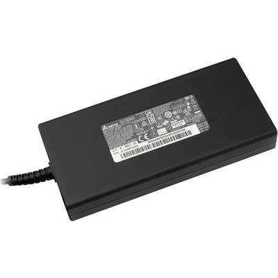 Zwart laptop-voedingsadapter met kabel, voorzien van een etiket met technische specificaties en certificeringslogo's bovenop het apparaat.