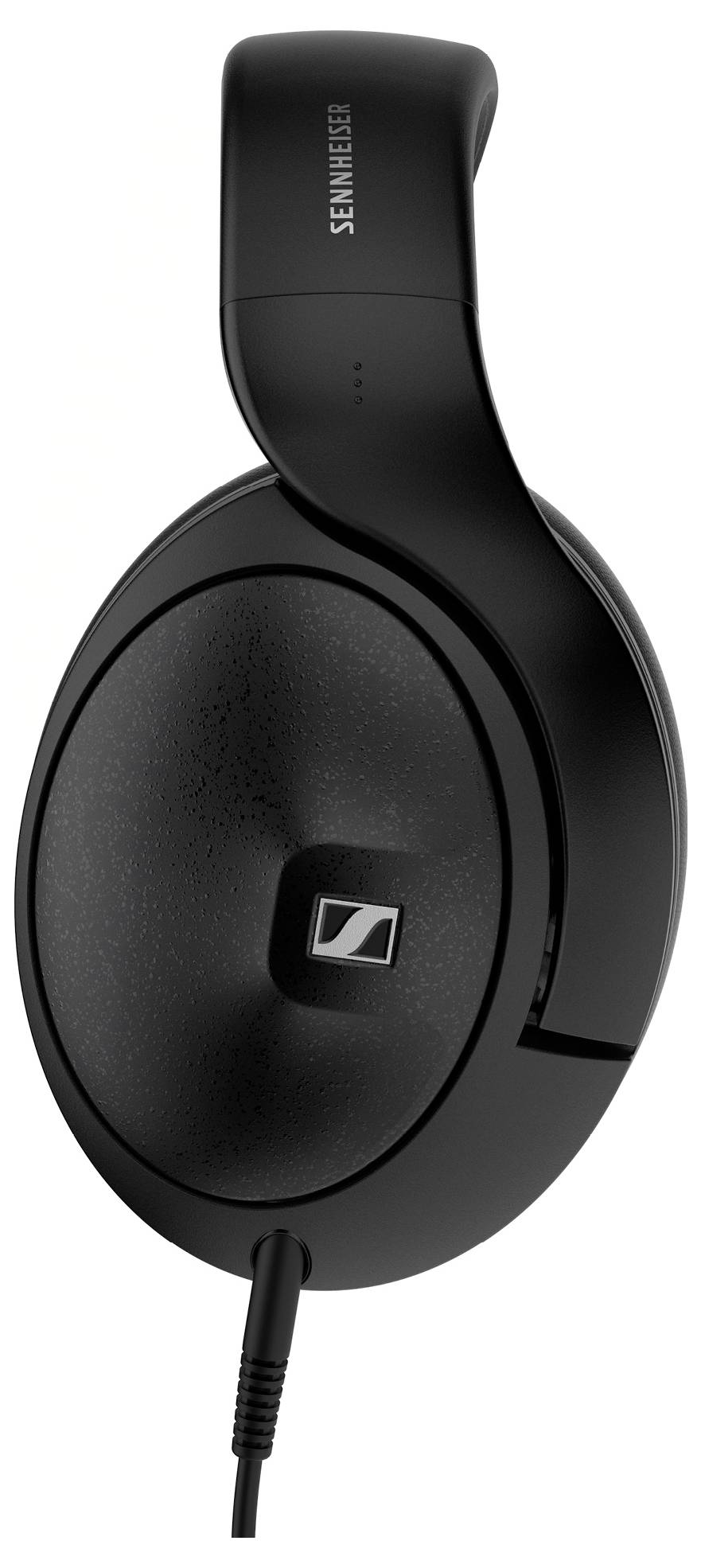 Zwarte over-ear koptelefoon met kabel, merkenlogo op de oorschelp. Geschikt voor hoogwaardige muziekweergave.