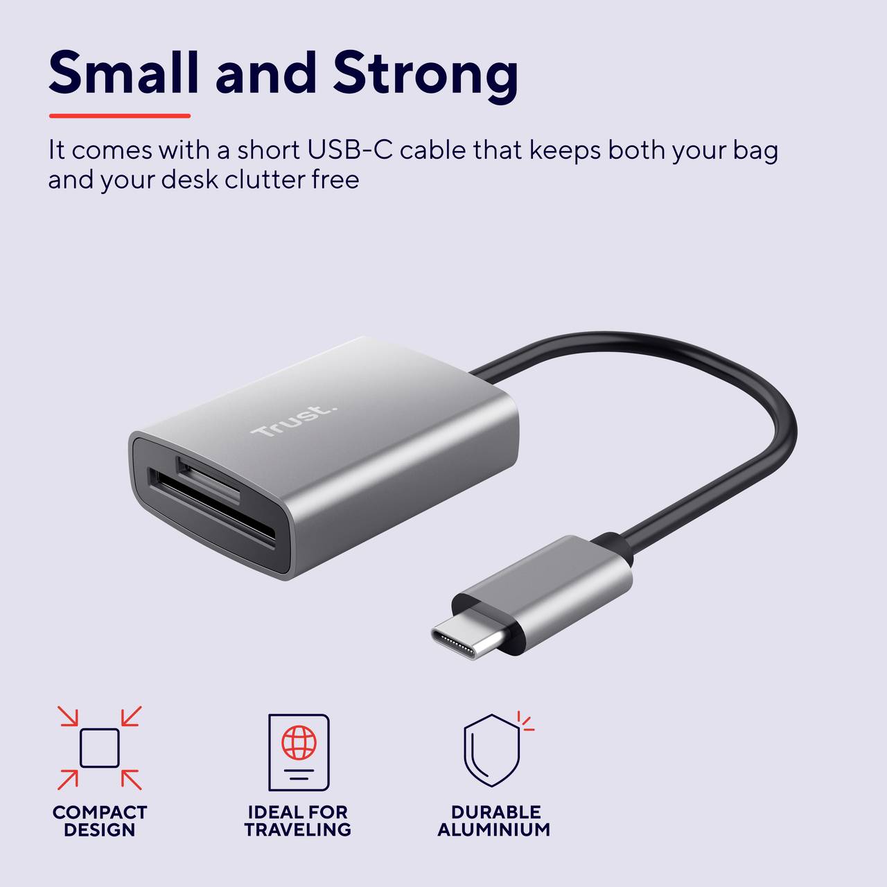 'Grijze Trust USB-C-adapter, compact voor reizen. Bevat een kort kabel, vermindert rommel op het bureau. Vervaardigd uit duurzaam aluminium.'