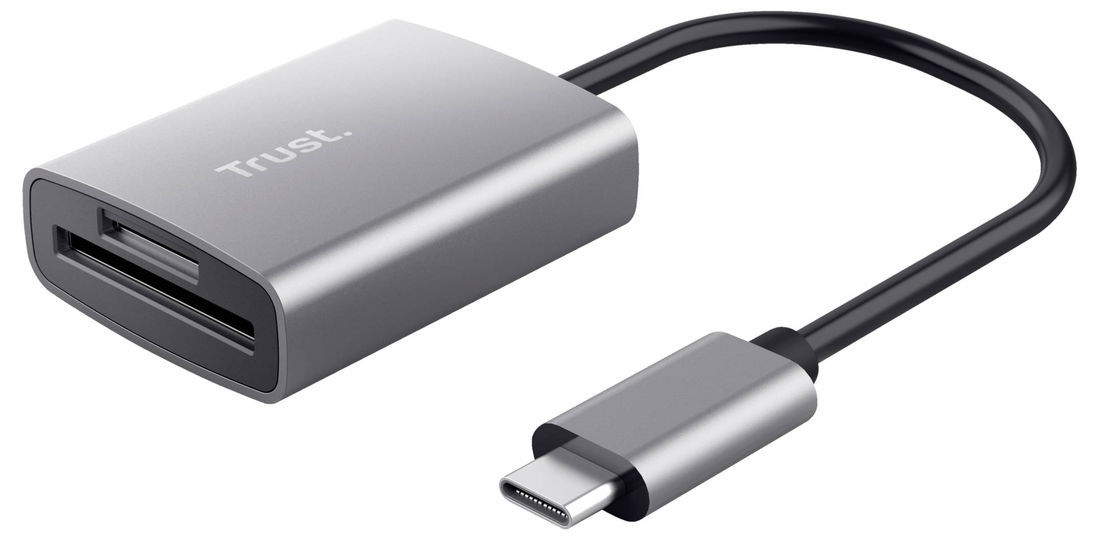 USB-C-kaartlezer met metalen behuizing, twee kaartsleuf voor SD- en microSD-kaarten. Kort kabel verbindt de lezer met het apparaat.