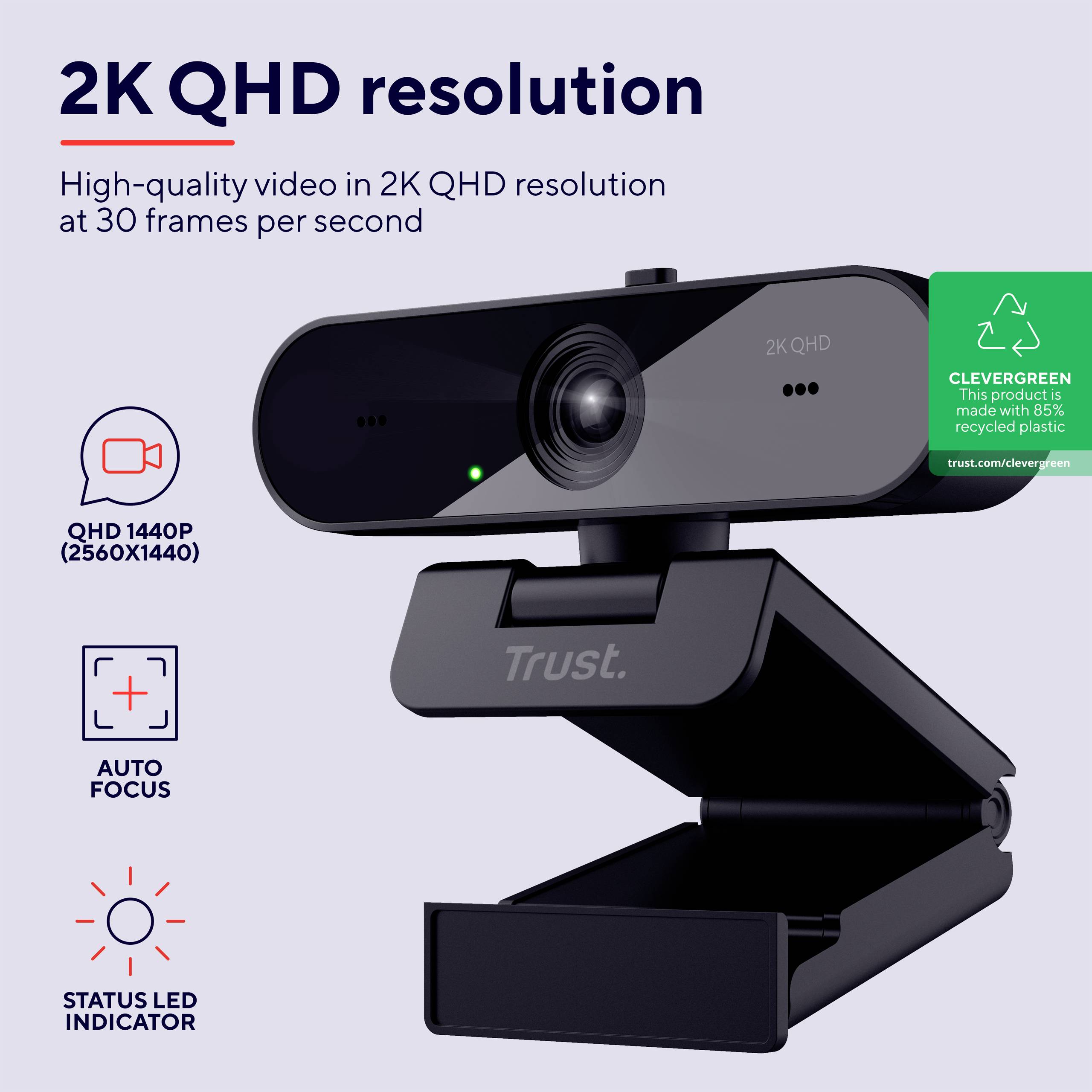 Webcam in 2K QHD-resolutie met 30 beelden per seconde. Bevat details over QHD 1440p, LED-statusindicator, automatische scherpstelling.