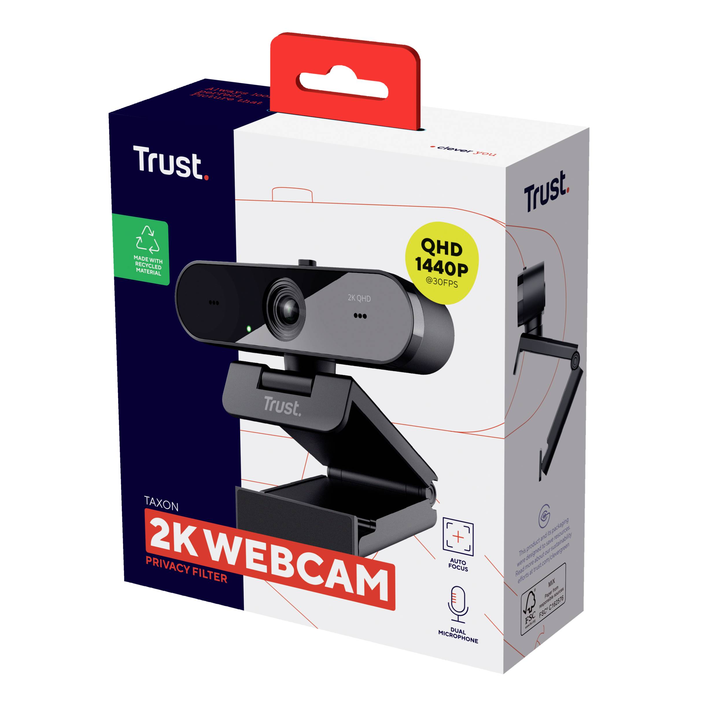 Webcam van het merk Trust, model Taxon, resolutie 2K met privacyfilter, QHD 1440p bij 30 FPS, toont camera- en verpakkingsontwerp.