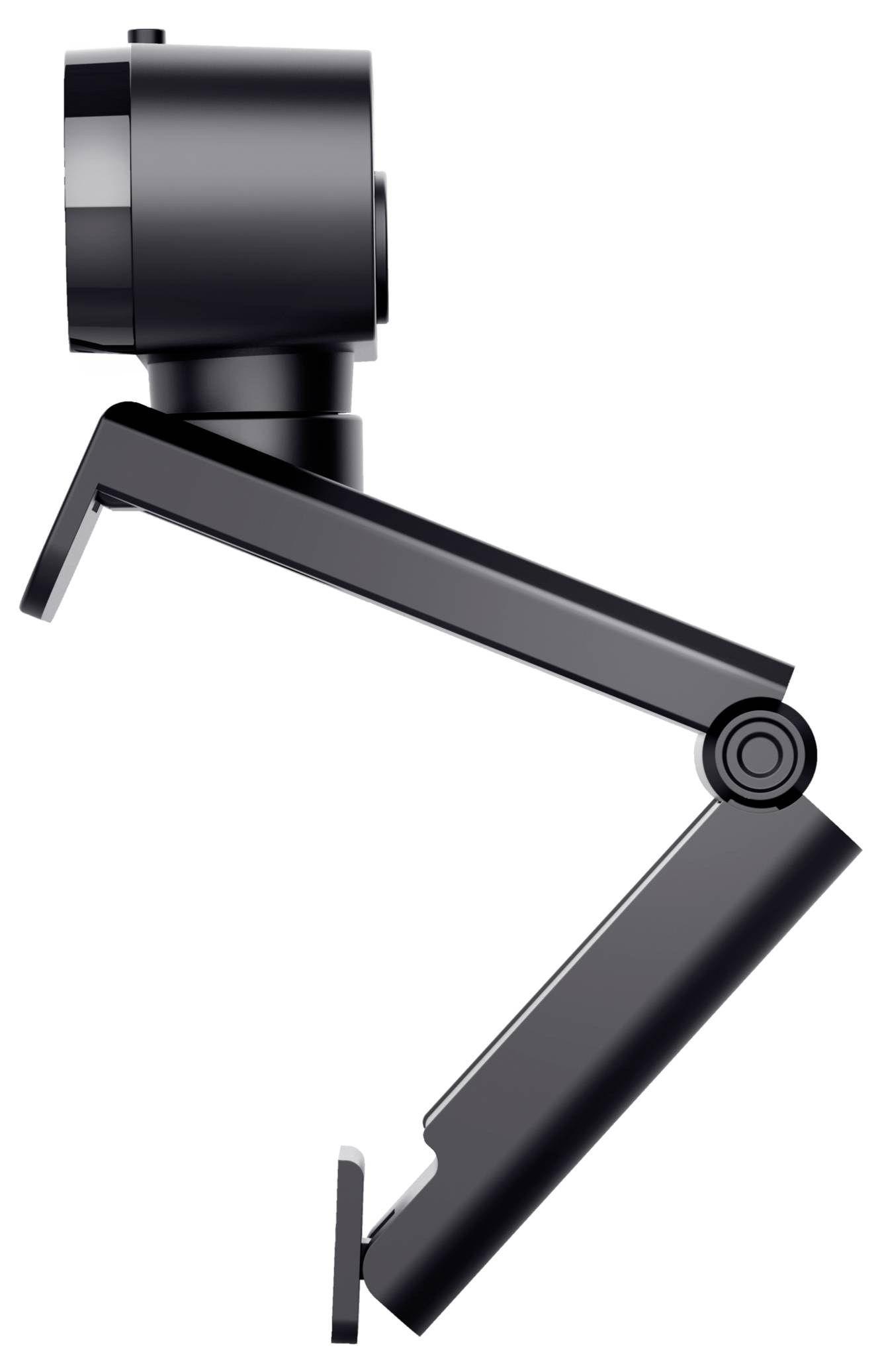 Zwart-wit foto van een webcam met verstelbare standaard. De camera is gemonteerd op een metalen oppervlak en toont een modern design.
