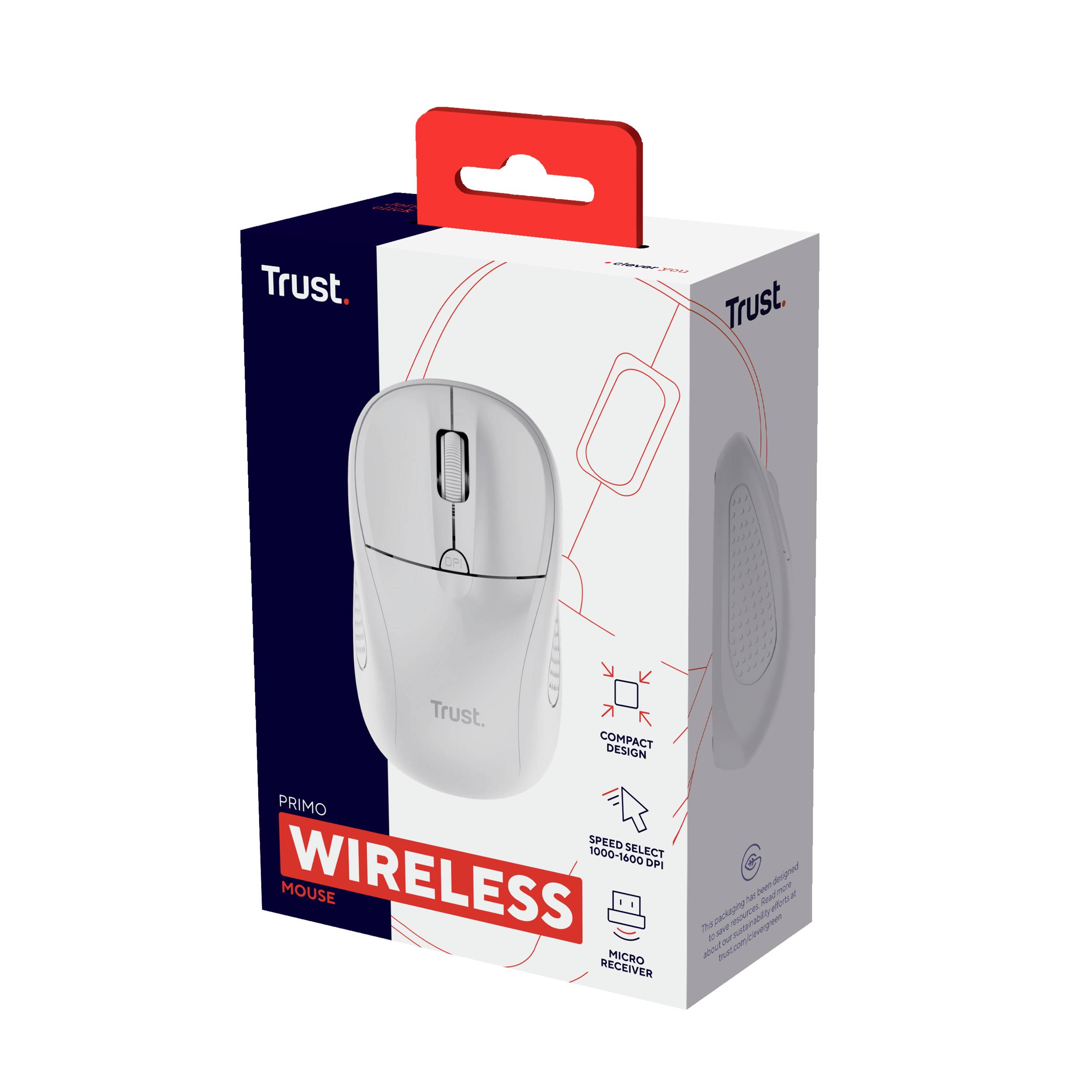 'Trust Primo Draadloze Muis' verpakking met afbeelding van de muis. Kenmerken: Compact design, Micro-ontvanger.