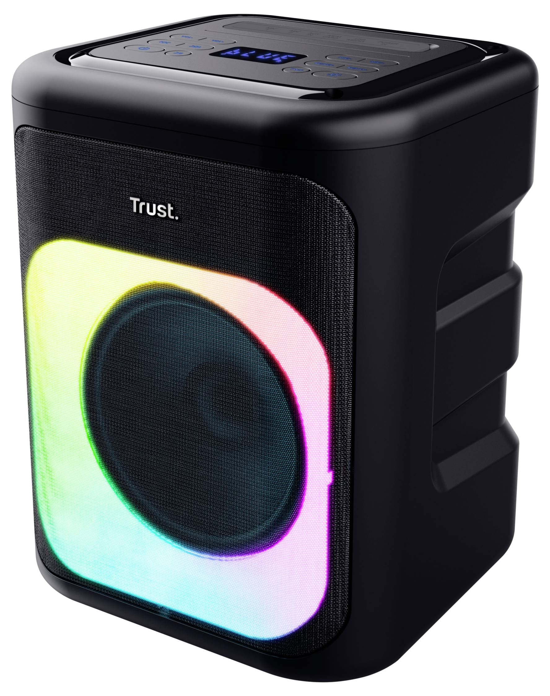 Zwarte Bluetooth-speaker met verlicht LED-paneel en bedieningselementen bovenop, met 'Trust'-logo aan de voorkant.