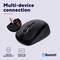 Zwarte computermuis met tekst: 'Multiapparaat-verbinding'. USB- en Bluetooth-symbool, macOS-logo. Toont ondersteuning voor USB en Bluetooth.