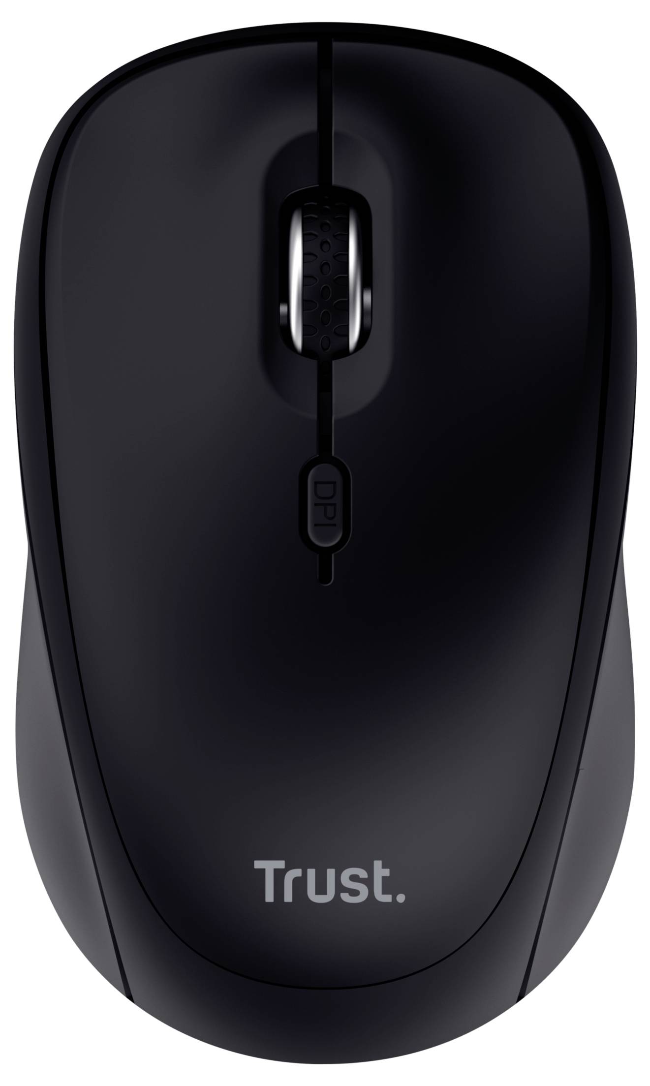 Een zwarte draadloze computermuis van bovenaf, met scrollwiel en 'Trust'-logo.