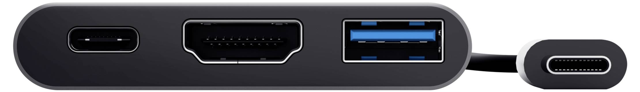 USB-C-hub met aansluitingen: USB-C, HDMI, USB-A en een USB-C-kabel aan de zijkant. Ideaal voor het verbinden van meerdere apparaten.