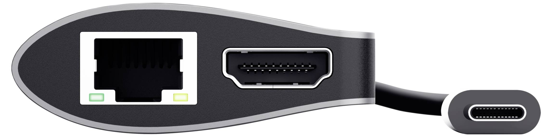 Een adapter met Ethernet-, HDMI- en USB-C-aansluitingen, die verschillende verbindingsmogelijkheden biedt.