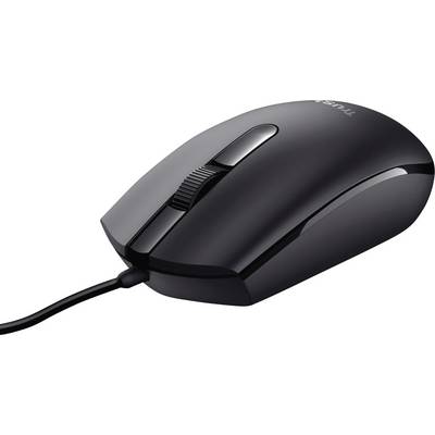 Een zwarte bedrade computermuis, ergonomisch vormgegeven, met scrollwiel en twee knoppen, op een witte achtergrond.