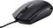 Een zwarte bedrade computermuis, ergonomisch vormgegeven, met scrollwiel en twee knoppen, op een witte achtergrond.