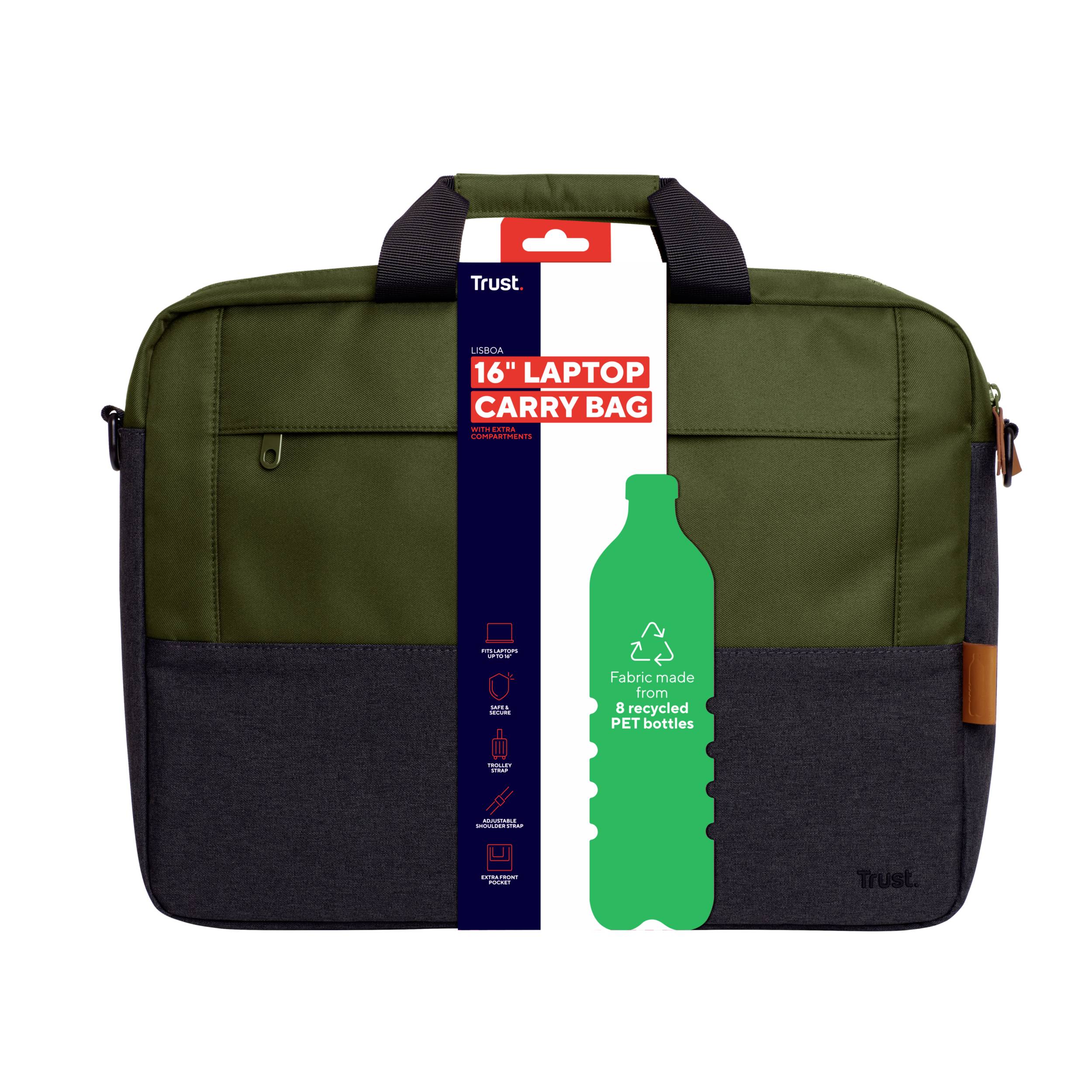 Een groene laptoptas met handgrepen en ritsen. De verpakking geeft aan dat deze is gemaakt van gerecycled PET-materiaal.