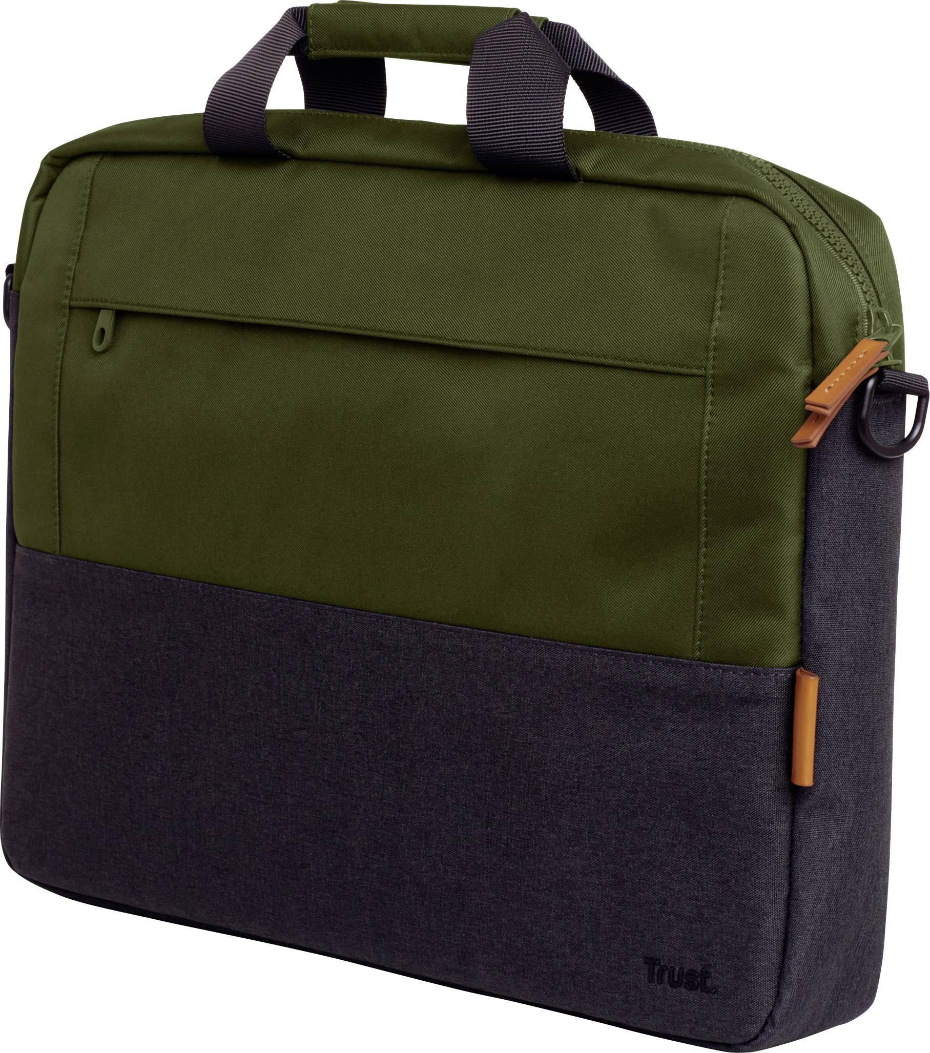 Een tweekleurige laptoptas, bovenaan olijfgroen en onderaan donkergrijs, met handgrepen en een bruin lederen label bij de rits.