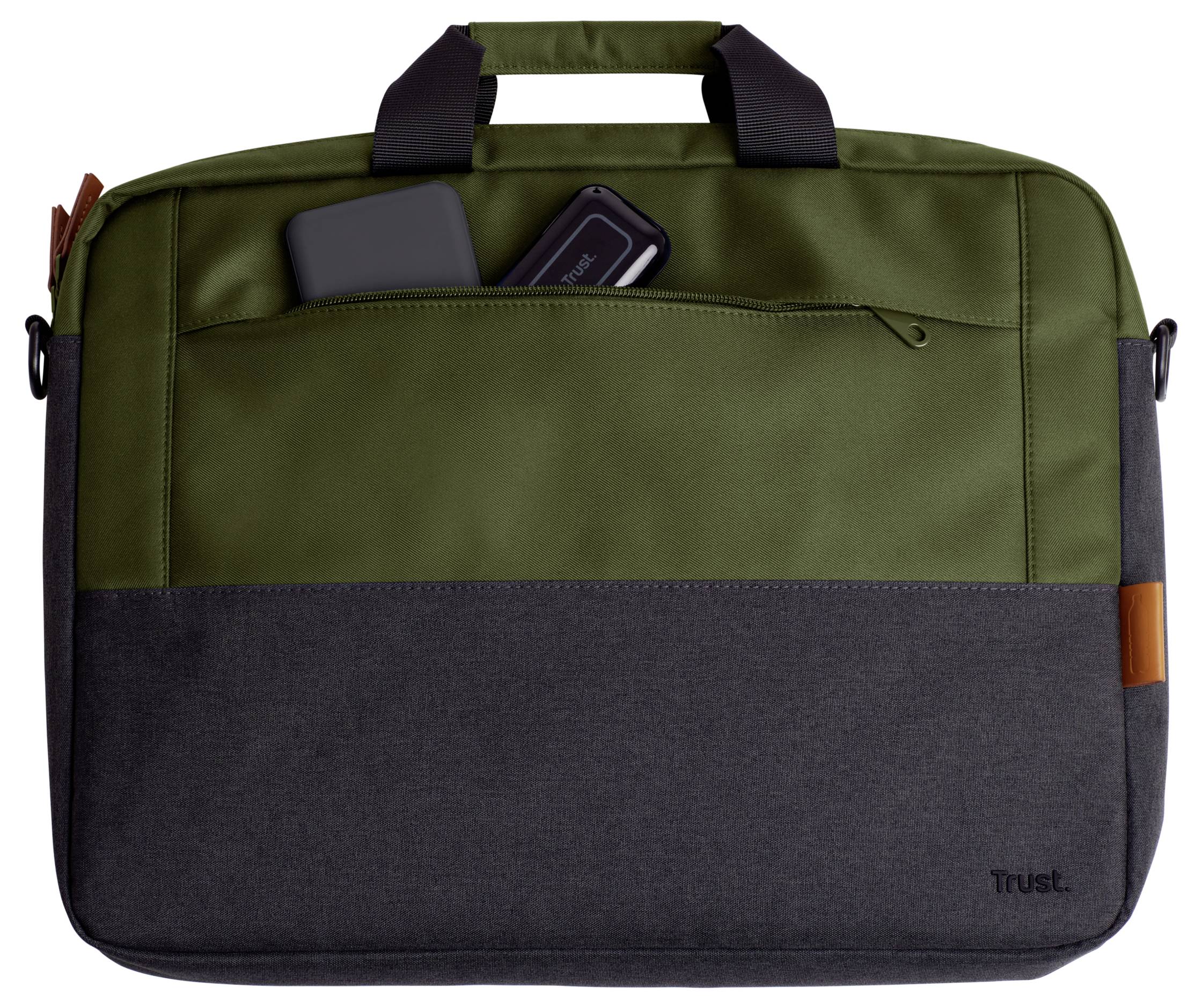 Een donkergroene en grijze laptoptas met een smartphone en een draagbare powerbank in de voorzak.