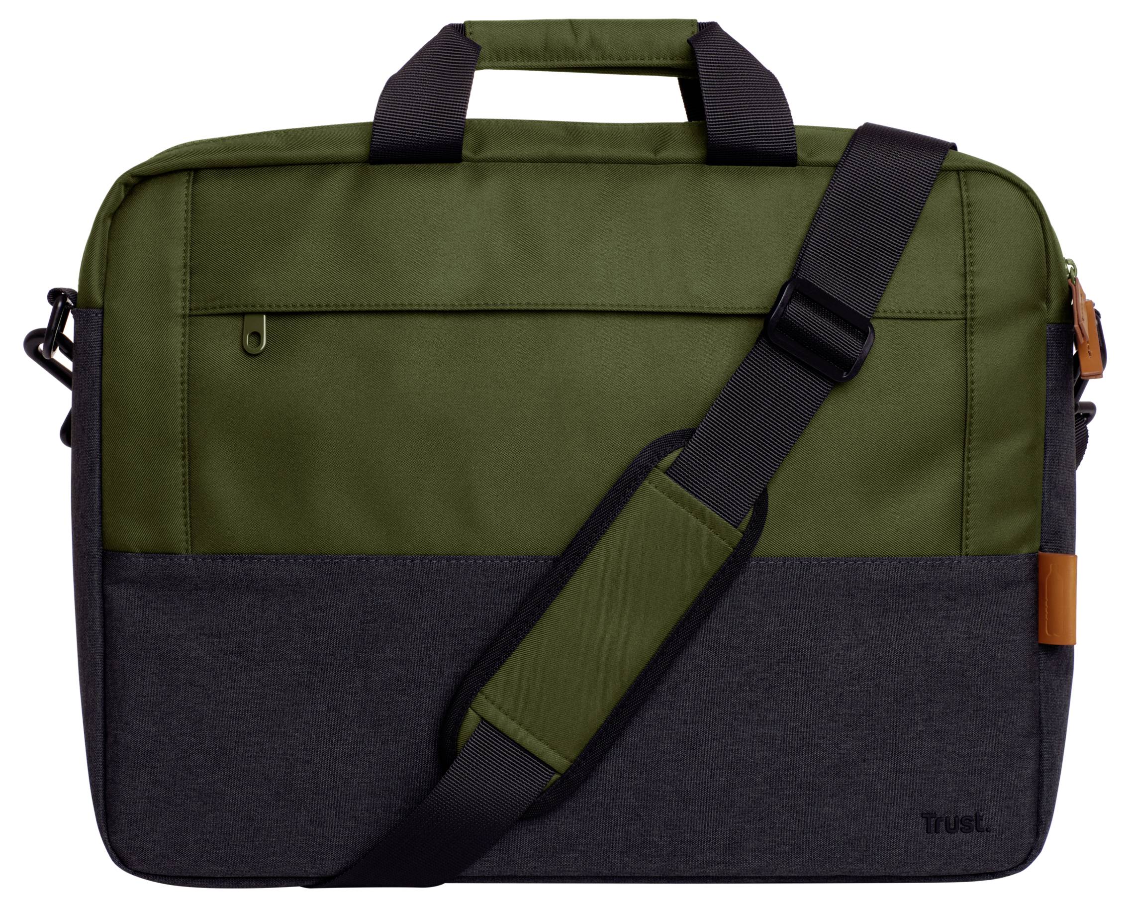 Groene en zwarte laptoptas met verstelbare schouderriem en handgrepen. Een ritsvak aan de voorkant.