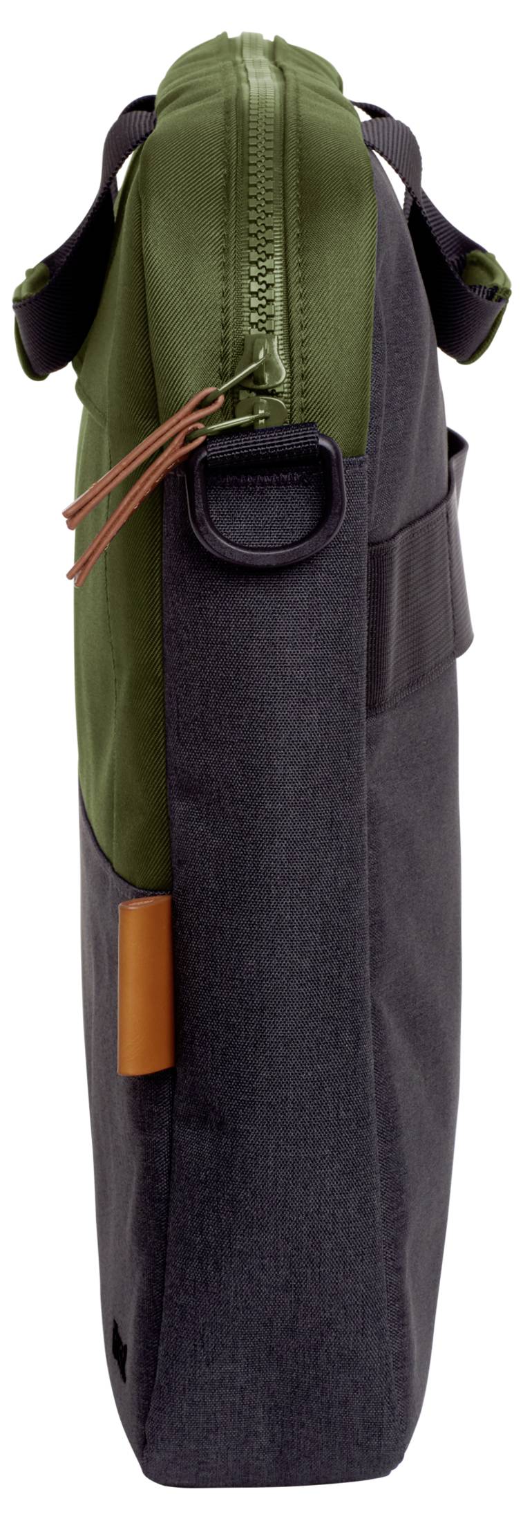 Zijaanzicht van een tweekleurige tas met rits en handvat, geschikt voor het vervoeren van laptops.