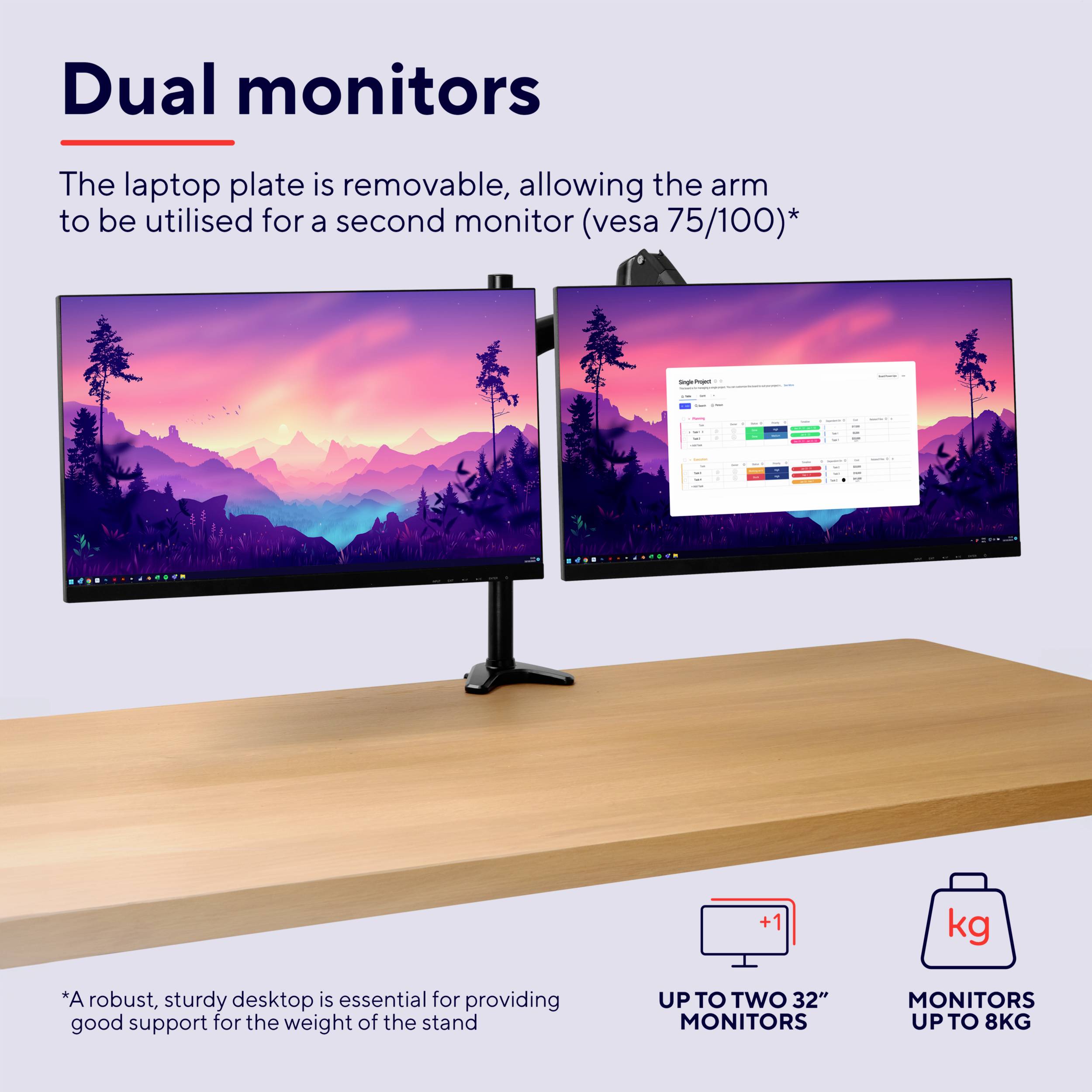 Twee monitoren op een tafel, bevestigd aan een steun. Het linker scherm toont een landschap, het rechter een tabel.