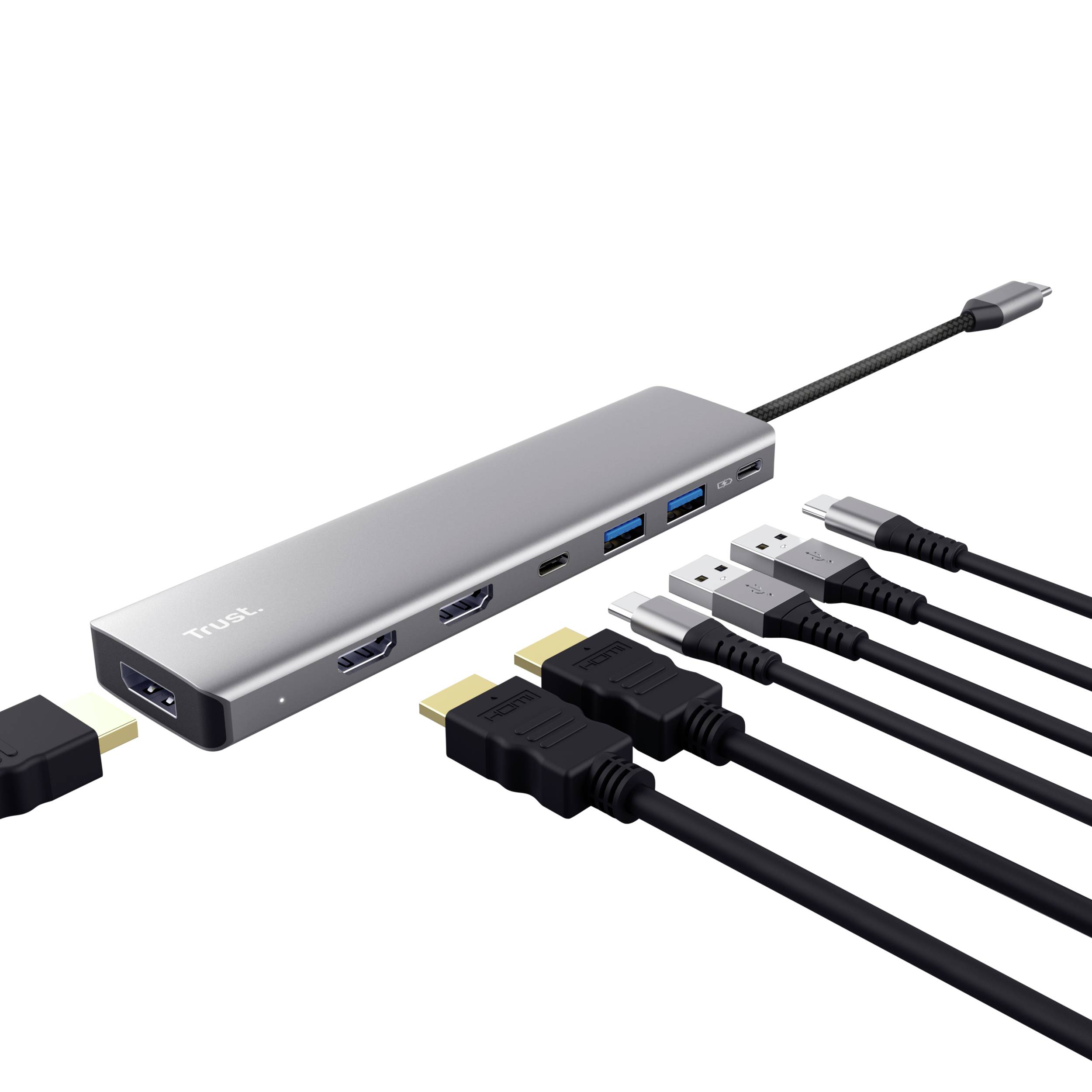 Een USB-C-hub met meerdere aansluitingen: twee HDMI-poorten, twee USB-A-poorten, een USB-C-poort en een Ethernet-aansluiting, verbonden met zeven kabels.