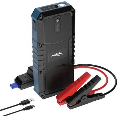 Startbooster met verlichte knop en kabels. Bevat rode en zwarte accuklemmen en een USB-oplaadkabel. Ideaal voor het starten van voertuigen.