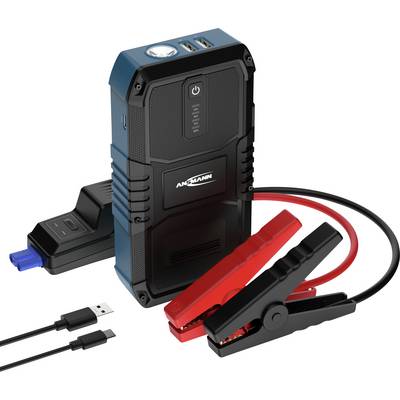 Een draagbaar starthulpapparaat met rode en zwarte accuklemmen, USB-poorten en een aan/uit-knop. Geschikt voor het starten van batterijen.