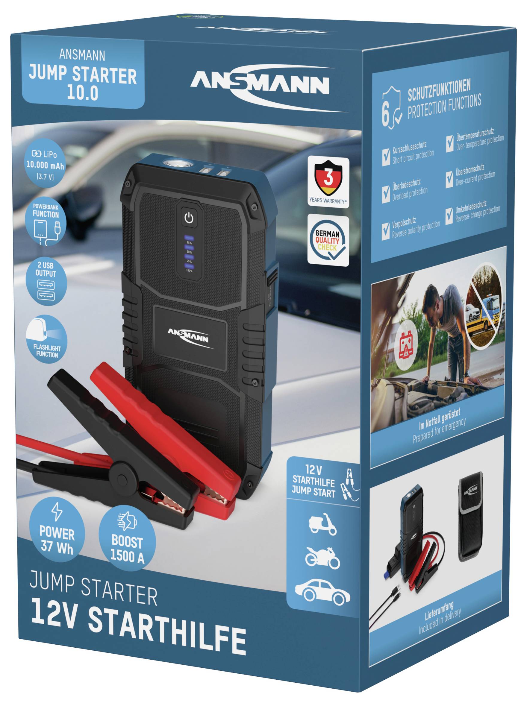 'Jump Starter 12V Starthulp' van Ansmann op verpakking. Toont powerbank en startkabels. Functies: 12V, 1500A Boost.