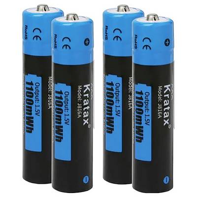 Vier AA-batterijen van het merk Kratax met een capaciteit van 1100 mWh en een spanning van 1,5V. Ze zijn zwart-blauw gekleurd.