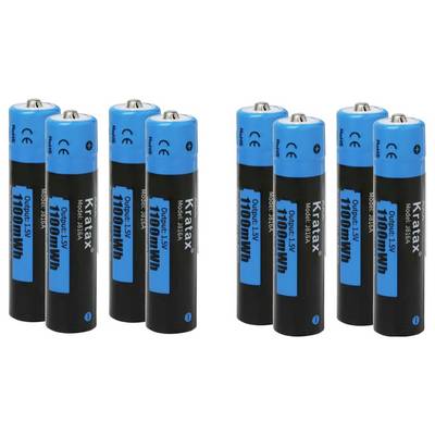 Acht oplaadbare batterijen, merk Kratax, model 1100. Ze zijn blauw-zwart, cilindrisch en geschikt voor apparaten met AA-aansluiting.