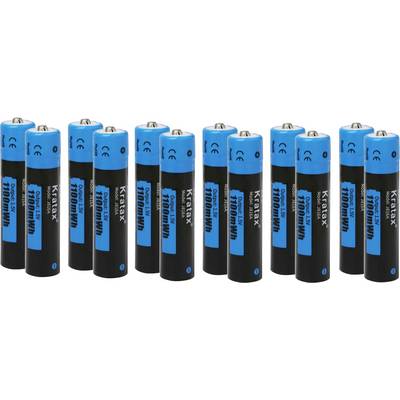 Twaalf oplaadbare AA-batterijen met een blauwe en zwarte buitenlaag, gerangschikt in twee rijen. Merknaam en capaciteit zichtbaar.
