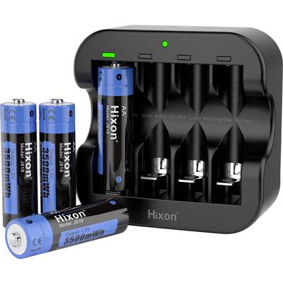 Batterijlader met vier sleuven, waarvan één een AA-batterij bevat. Drie extra AA-batterijen staan ernaast.