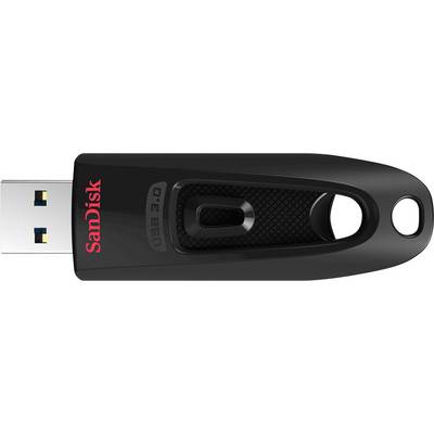 Zwarte USB-stick met blauwe en gouden aansluiting, merknaam 'SanDisk' in rood.